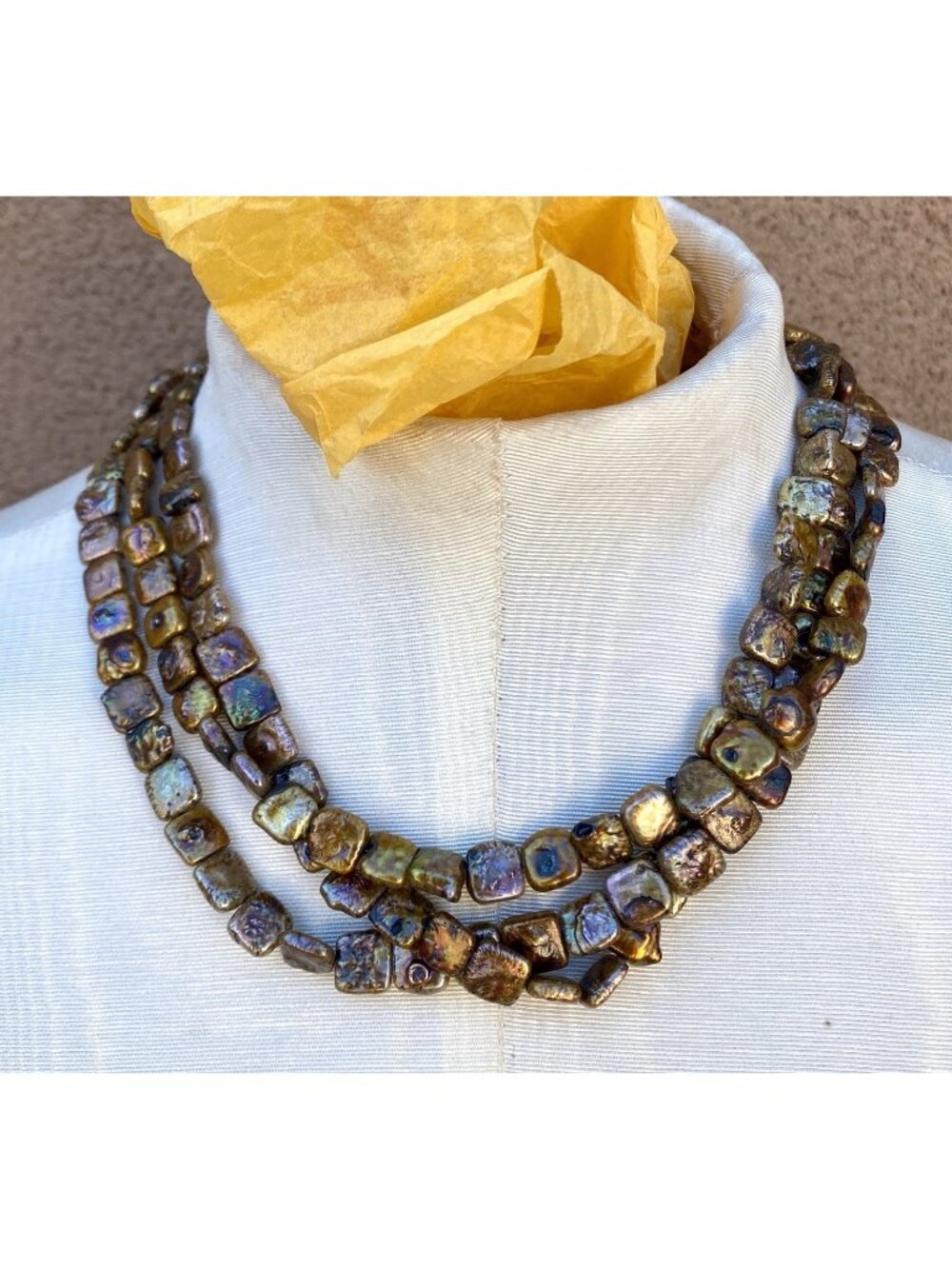 3 Strand Bronze Color Square Pearls Sterling Cones Autumn Colors 19”